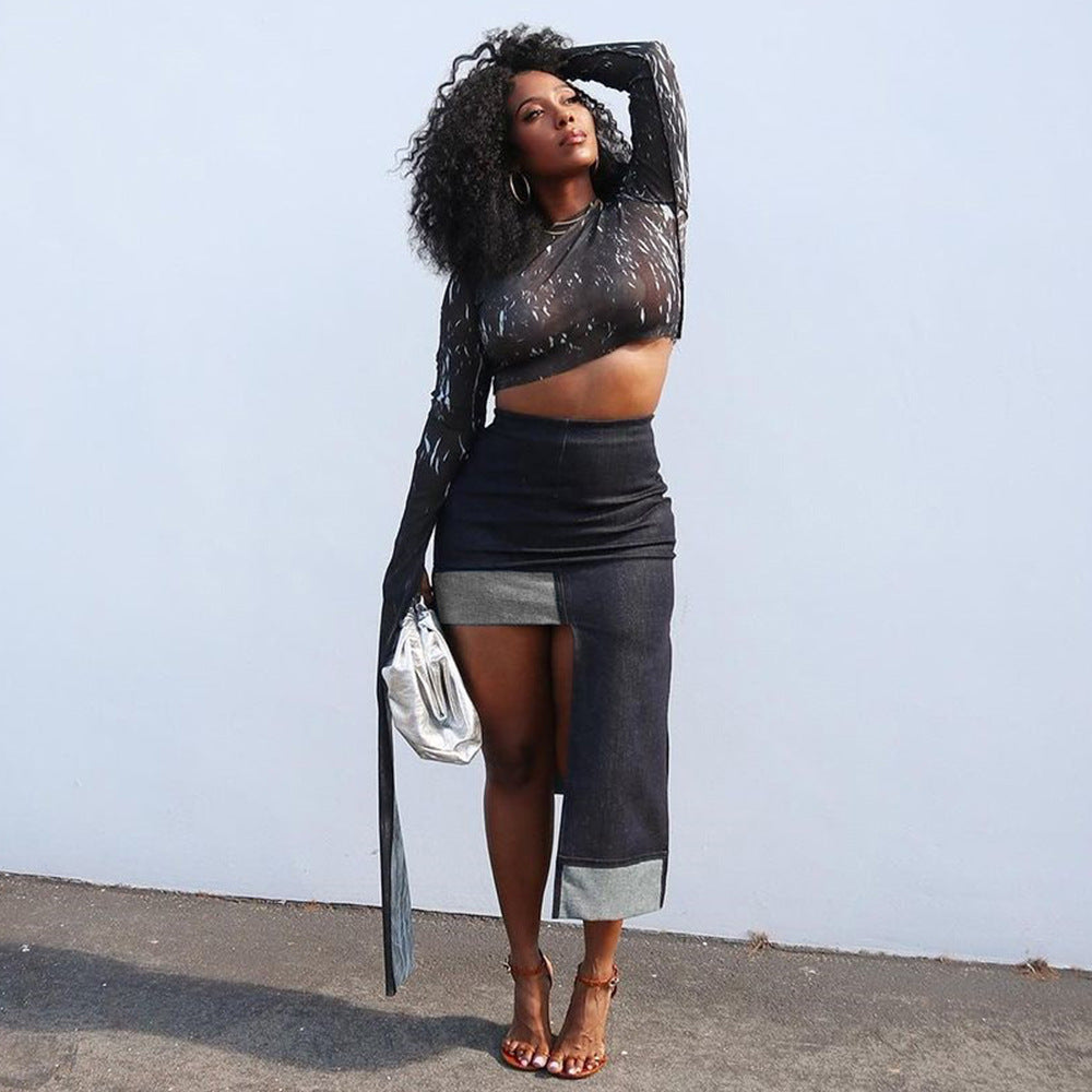 Contrast Color Asymmetrical Denim Skirt
