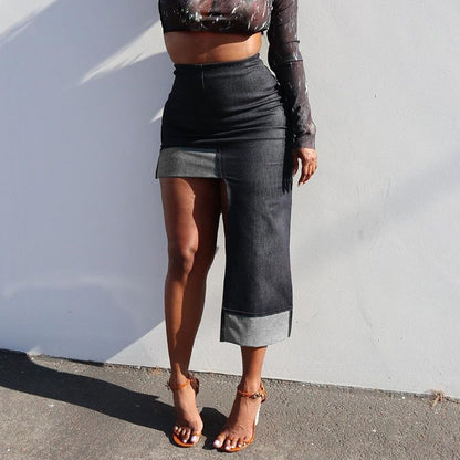 Contrast Color Asymmetrical Denim Skirt