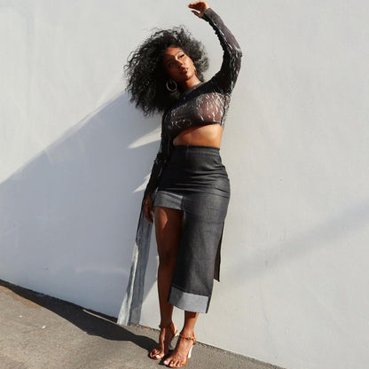 Contrast Color Asymmetrical Denim Skirt
